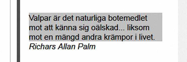 Puppies are nature's remedy for feeling unloved...plus numerous other ailments of life, (In Swedish.) Puppies are nature's remedy for feeling unloved...plus numerous other ailments of life,(In Swedish.)